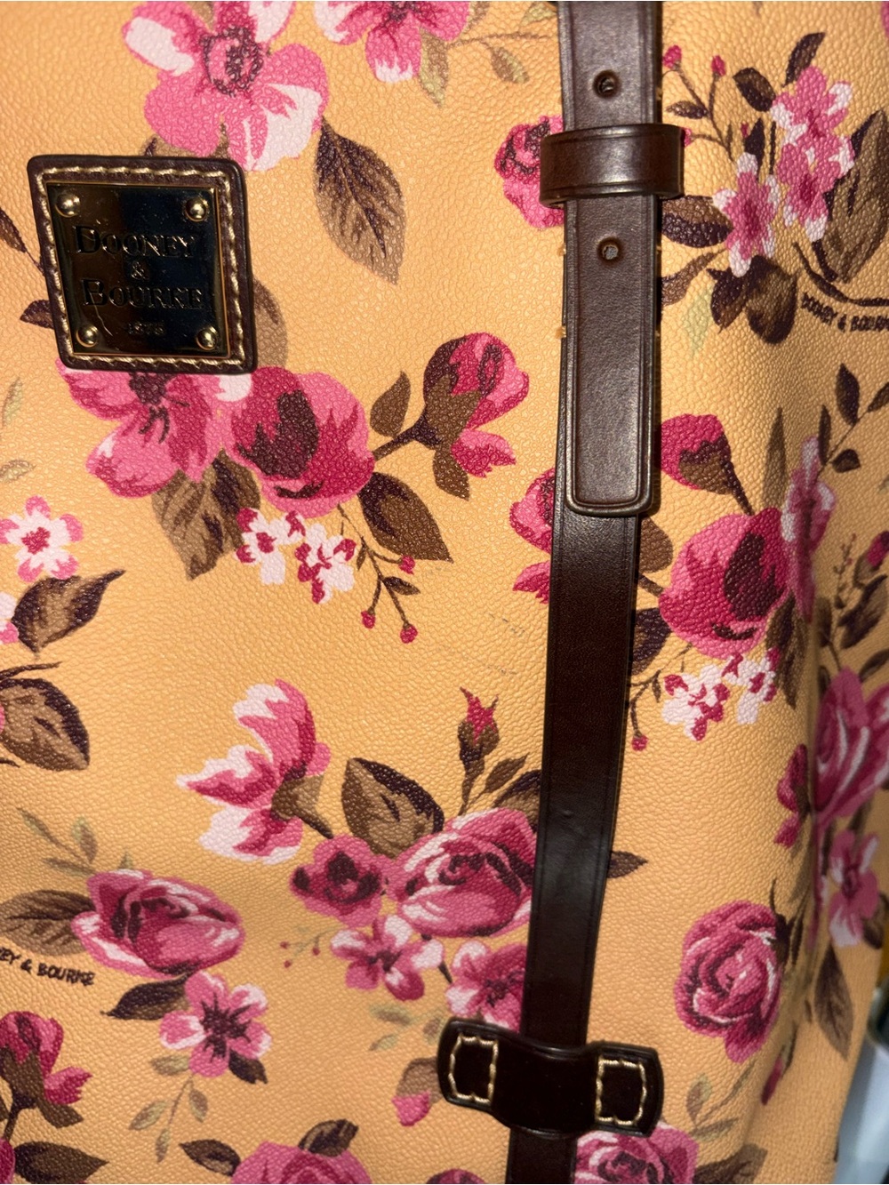Dooney & Bourke Pink Floral Tote on Tan - Picture 2 of 8
